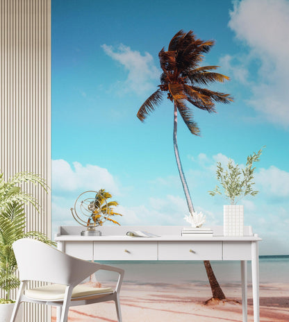 Palm Tree on Beach Coastline Wall Mural. Tropical Theme Peel and Stick Wallpaper Decor. #6401