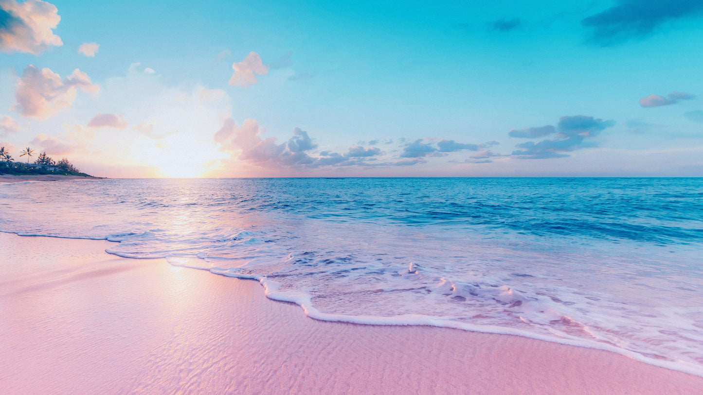 Pastel Color Sunset over Paradise Beach Wall Mural. Pastel Pink and Blue Color Scheme Peel and Stick Wallpaper. #6404