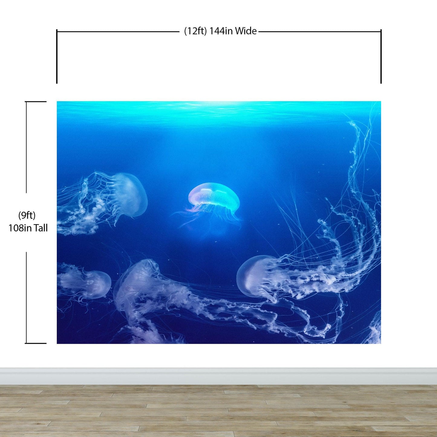 Jellyfish Floating Underwater Wall Mural. Deep Blue Ocean Peel and Stick Wallpaper. #6405