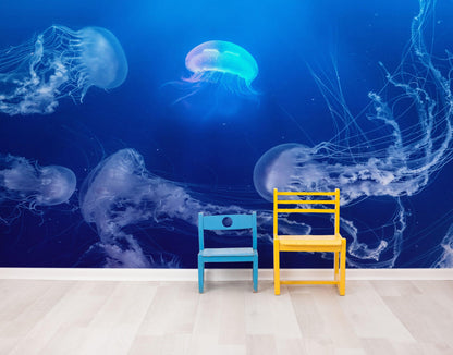 Jellyfish Floating Underwater Wall Mural. Deep Blue Ocean Peel and Stick Wallpaper. #6405