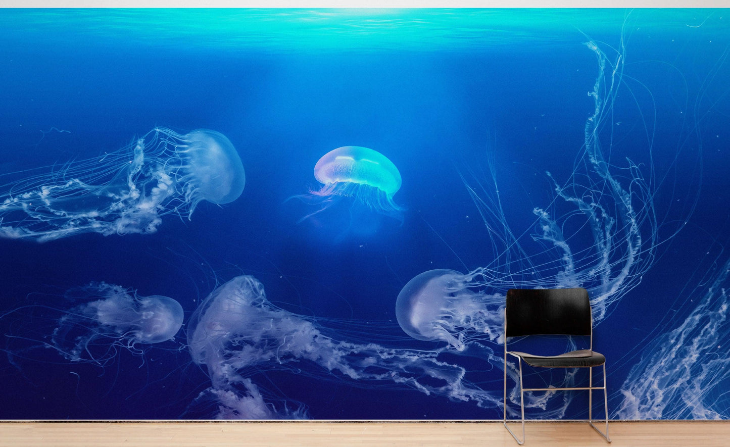 Jellyfish Floating Underwater Wall Mural. Deep Blue Ocean Peel and Stick Wallpaper. #6405