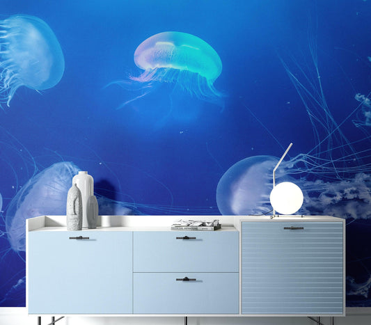 Jellyfish Floating Underwater Wall Mural. Deep Blue Ocean Peel and Stick Wallpaper. #6405