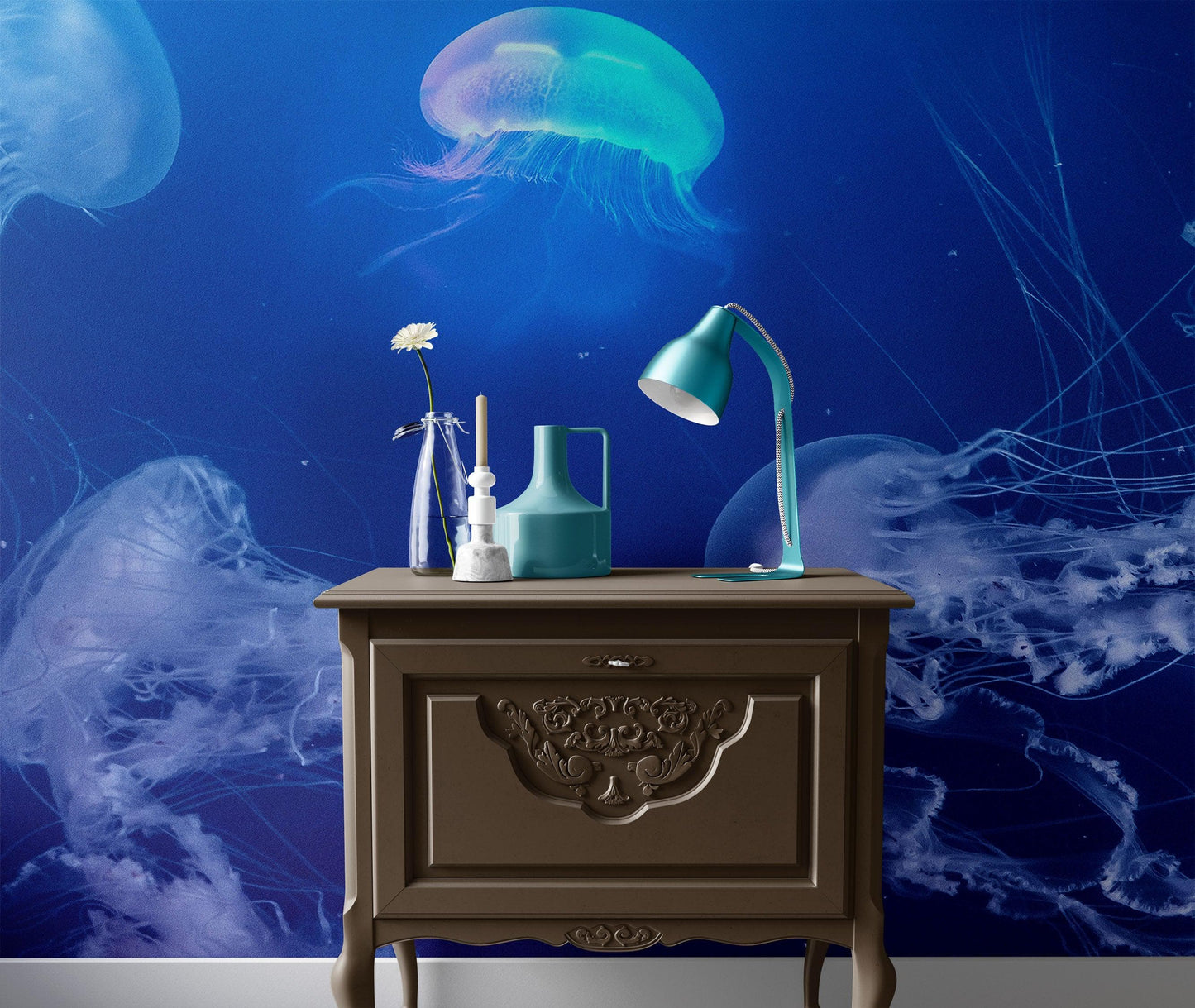 Jellyfish Floating Underwater Wall Mural. Deep Blue Ocean Peel and Stick Wallpaper. #6405