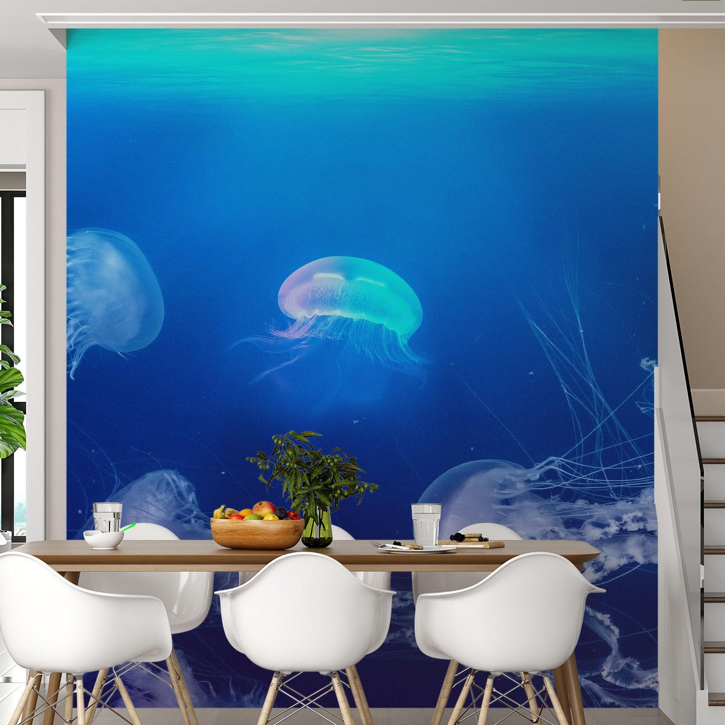 Jellyfish Floating Underwater Wall Mural. Deep Blue Ocean Peel and Stick Wallpaper. #6405