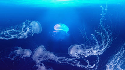 Jellyfish Floating Underwater Wall Mural. Deep Blue Ocean Peel and Stick Wallpaper. #6405