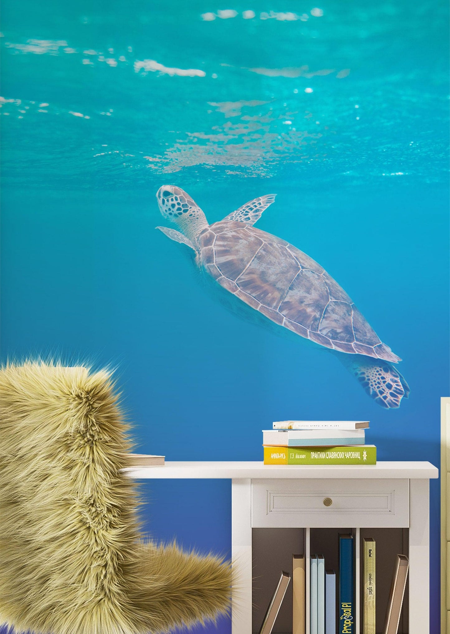 Swimming Sea Turtle Coming Up for Air Wall Mural. Pastel Color Sea Life. Peel and Stick Wallpaper. #6406