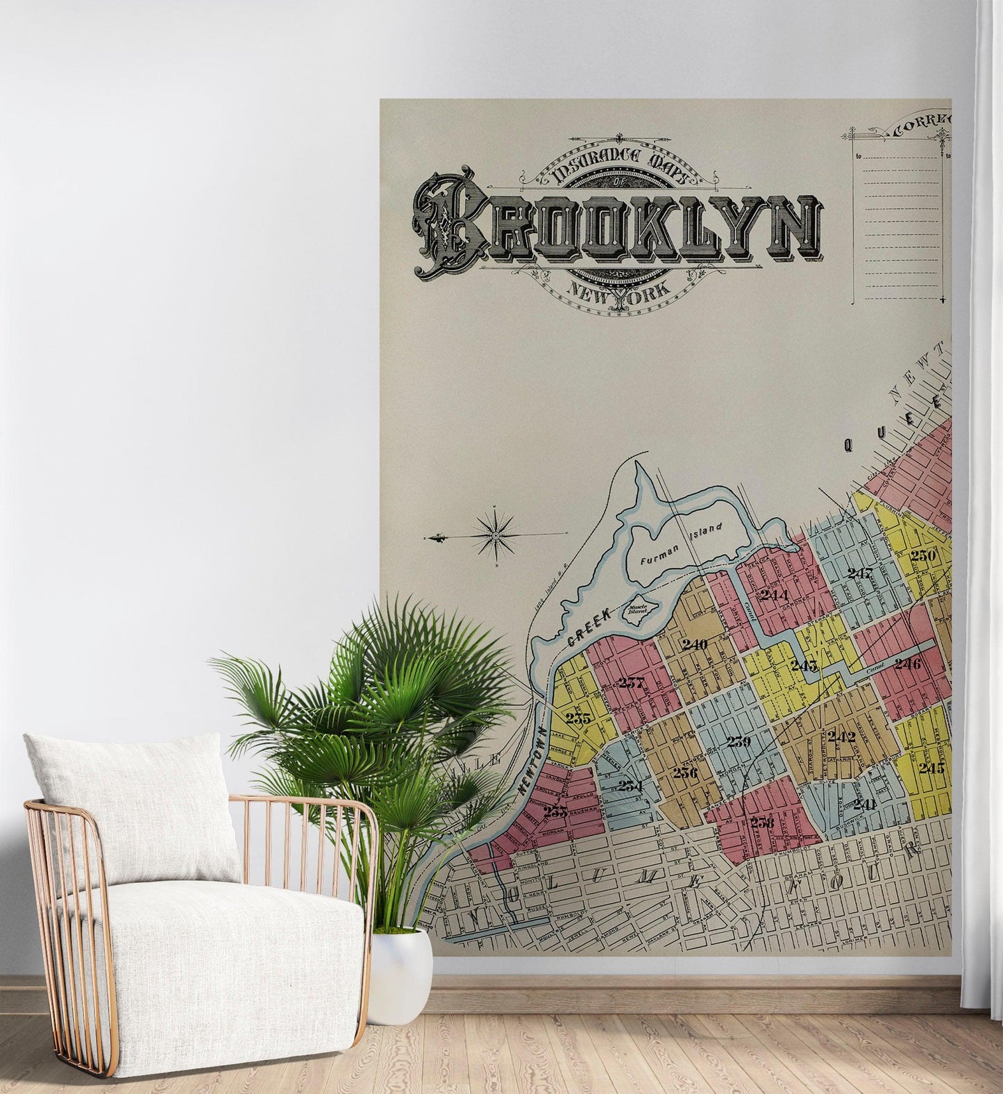 Retro Vintage Map of Brooklyn New York Wall Mural. 1888 Map of NYC Peel and Stick Wallpaper. #6410