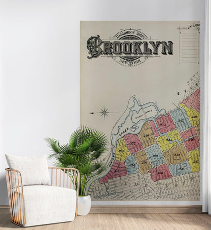 Retro Vintage Map of Brooklyn New York Wall Mural. 1888 Map of NYC Peel and Stick Wallpaper. #6410