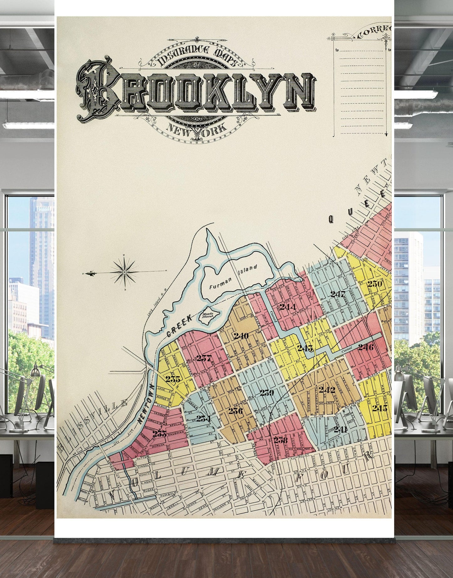 Retro Vintage Map of Brooklyn New York Wall Mural. 1888 Map of NYC Peel and Stick Wallpaper. #6410