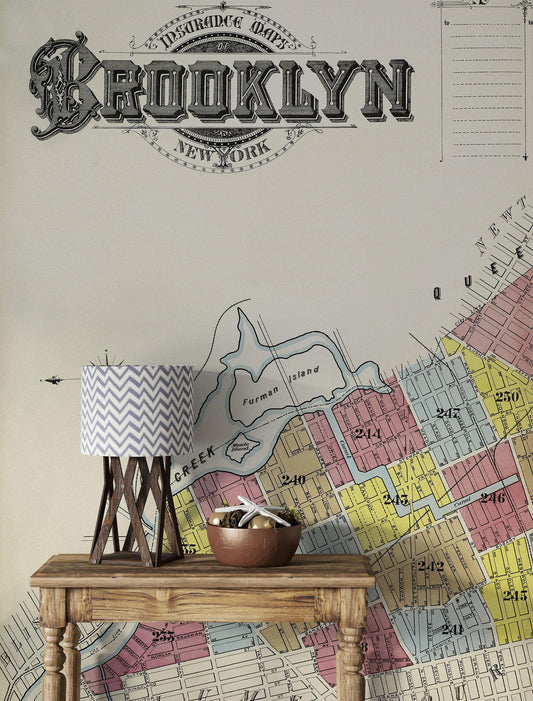 Retro Vintage Map of Brooklyn New York Wall Mural. 1888 Map of NYC Peel and Stick Wallpaper. #6410