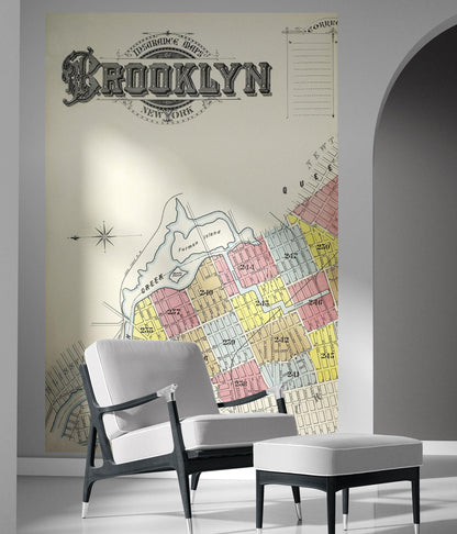 Retro Vintage Map of Brooklyn New York Wall Mural. 1888 Map of NYC Peel and Stick Wallpaper. #6410