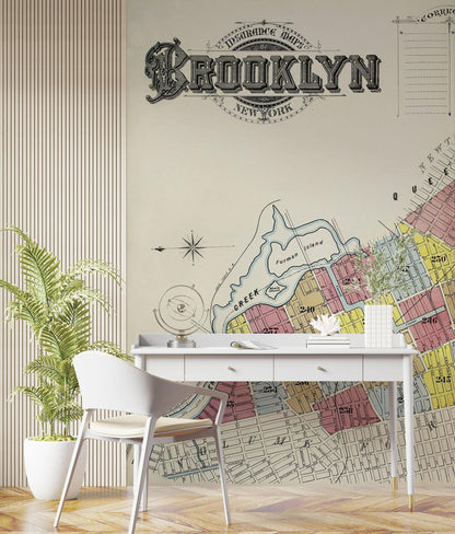 Retro Vintage Map of Brooklyn New York Wall Mural. 1888 Map of NYC Peel and Stick Wallpaper. #6410