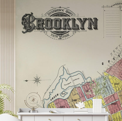 Retro Vintage Map of Brooklyn New York Wall Mural. 1888 Map of NYC Peel and Stick Wallpaper. #6410