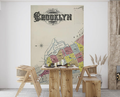 Retro Vintage Map of Brooklyn New York Wall Mural. 1888 Map of NYC Peel and Stick Wallpaper. #6410