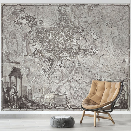 Vintage Old Map of Rome Italy Wall Mural. The Large Plan of Rome Peel and Stick Wallpaper. #6412
