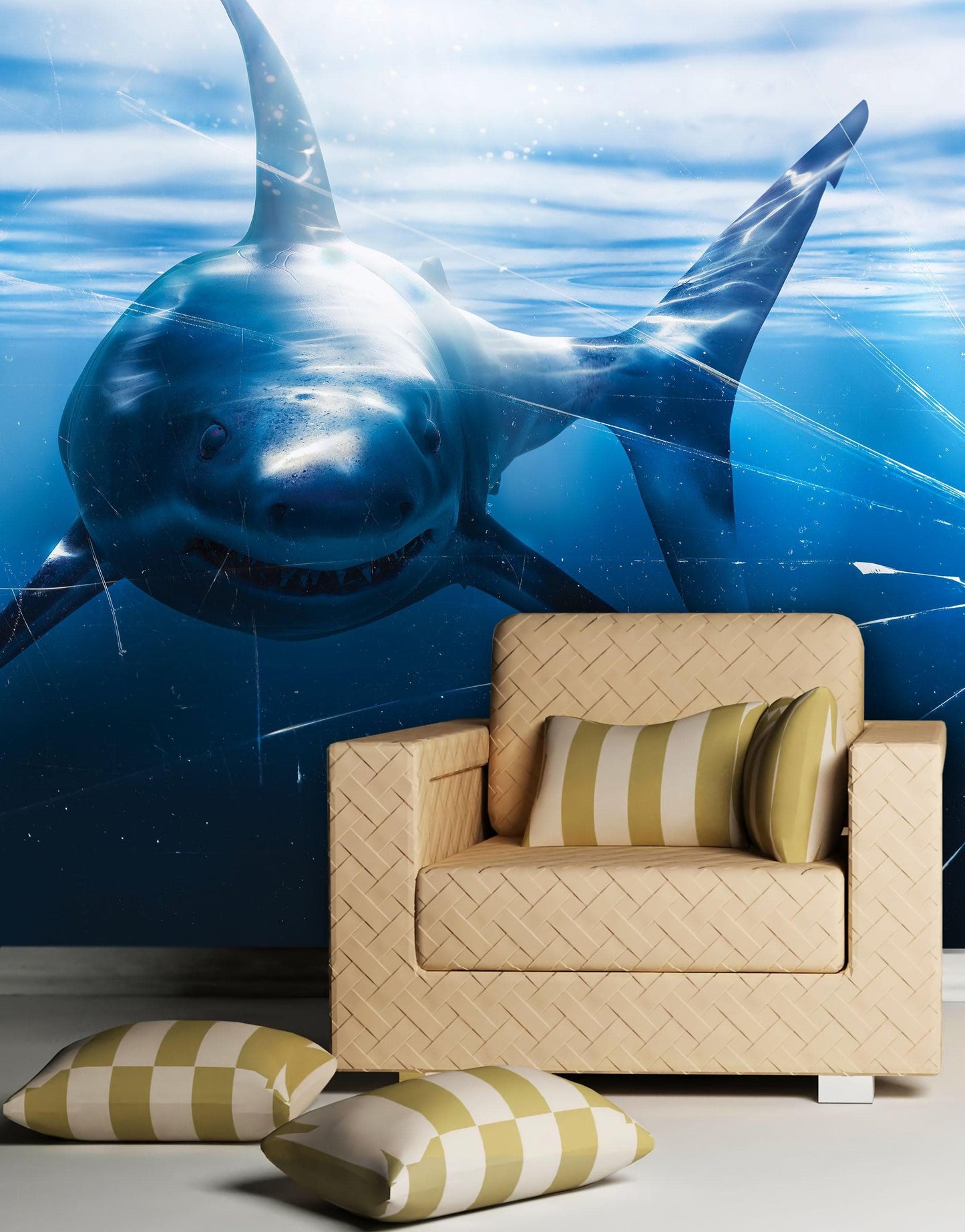 Great White Shark Attack Aquarium Glass Wall Mural. Peel and Stick Wallpaper. #6424