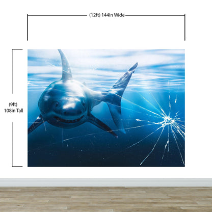Great White Shark Attack Aquarium Glass Wall Mural. Peel and Stick Wallpaper. #6424