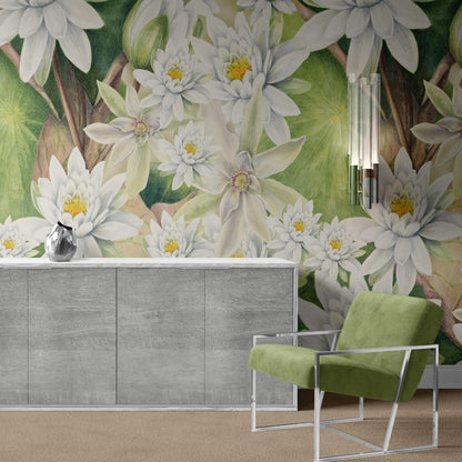 Botanical Flower Wall Mural. Color Pencil Artwork of Flower Garden Peel and Stick Wallpaper. Paradise Botanical Flowers and Leave Black Background. #6426