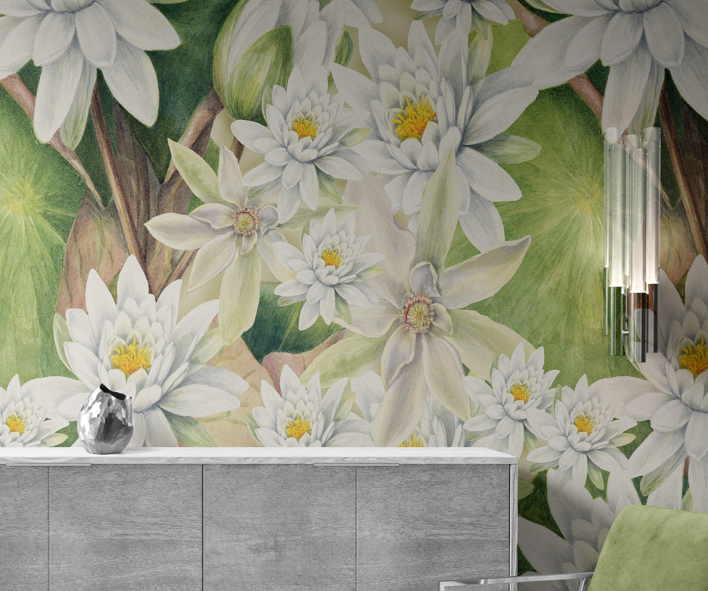 Botanical Flower Wall Mural. Color Pencil Artwork of Flower Garden Peel and Stick Wallpaper. Paradise Botanical Flowers and Leave Black Background. #6426