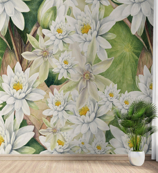 Botanical Flower Wall Mural. Color Pencil Artwork of Flower Garden Peel and Stick Wallpaper. Paradise Botanical Flowers and Leave Black Background. #6426