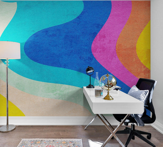 Abstract Retro Rainbow Color Curve Pattern Wall Mural. #6433
