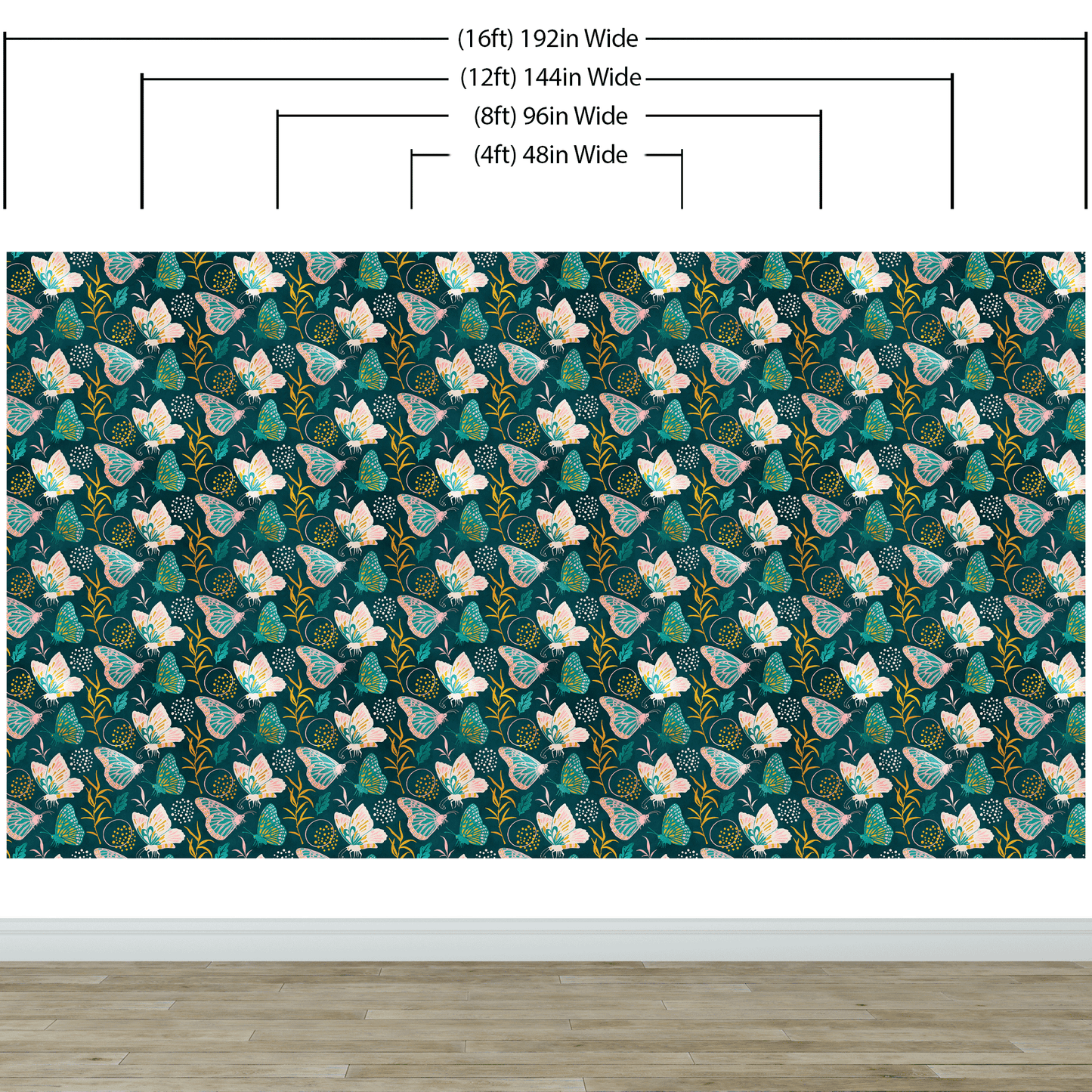 Butterfly Pattern Wall Mural. Retro Green and Gold Color Illustration Design. Bedroom, Nursery, Home Decor. #6435