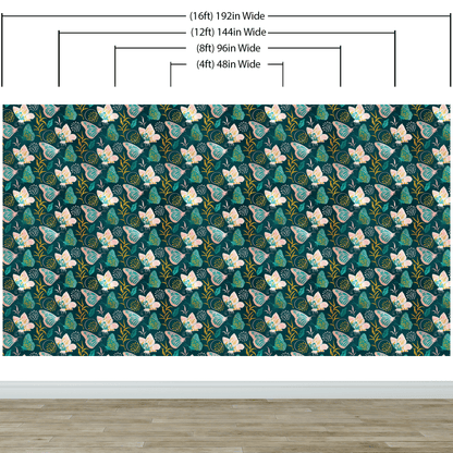 Butterfly Pattern Wall Mural. Retro Green and Gold Color Illustration Design. Bedroom, Nursery, Home Decor. #6435