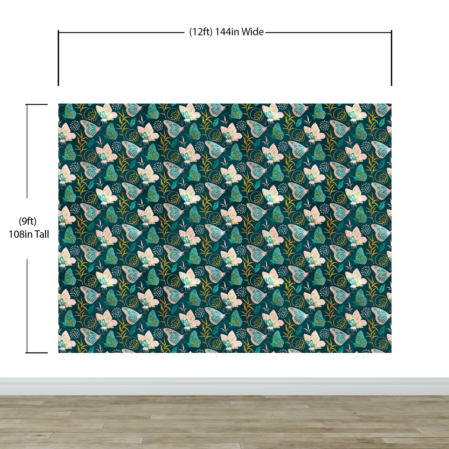 Butterfly Pattern Wall Mural. Retro Green and Gold Color Illustration Design. Bedroom, Nursery, Home Decor. #6435