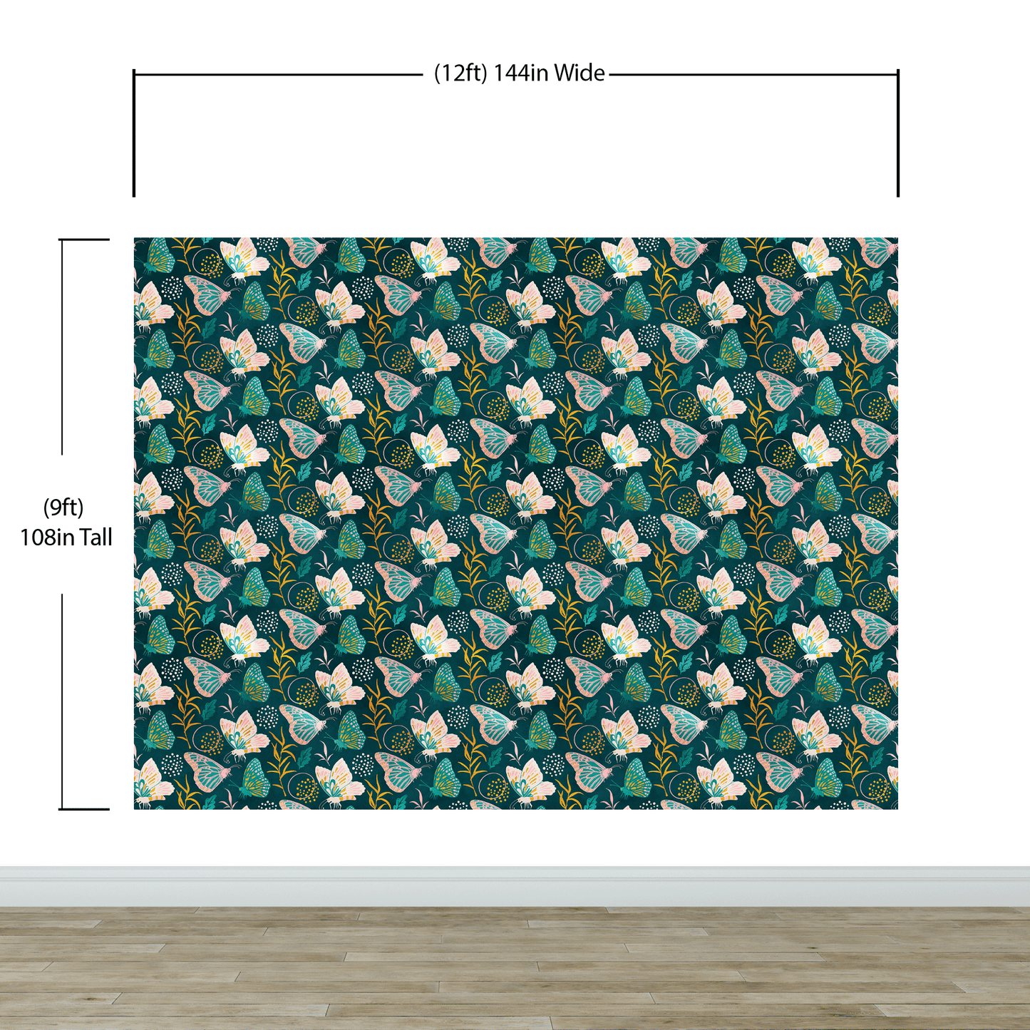 Butterfly Pattern Wall Mural. Retro Green and Gold Color Illustration Design. Bedroom, Nursery, Home Decor. #6435