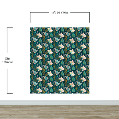 Butterfly Pattern Wall Mural. Retro Green and Gold Color Illustration Design. Bedroom, Nursery, Home Decor. #6435