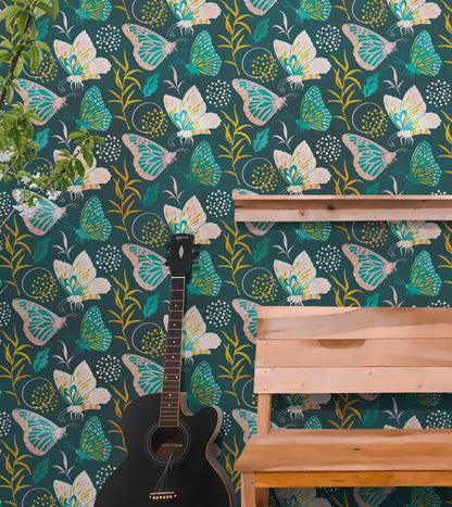 Butterfly Pattern Wall Mural. Retro Green and Gold Color Illustration Design. Bedroom, Nursery, Home Decor. #6435