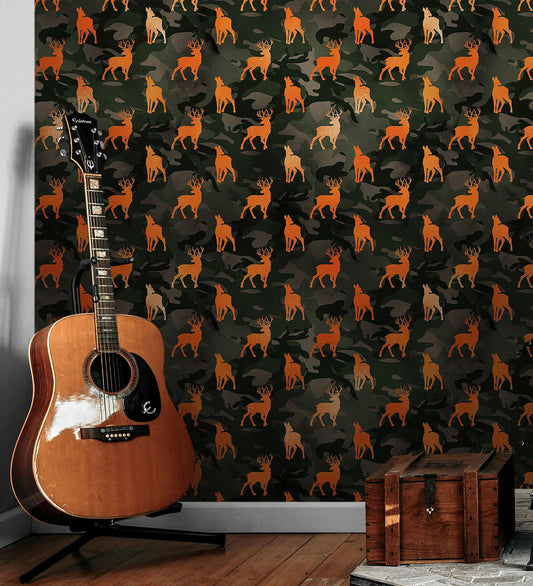 Deer Silhouette Camouflage Wall Mural. Military Theme / Hunter Home Decor. Peel and Stick Wallpaper. #6436
