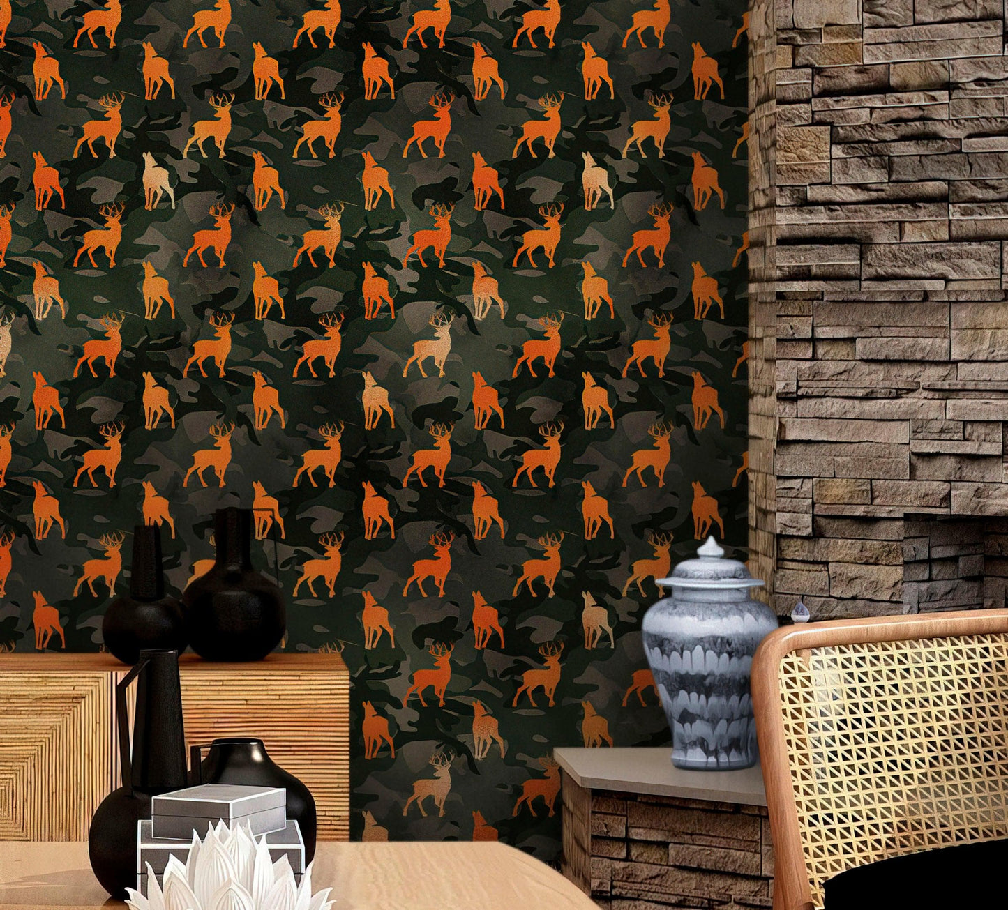 Deer Silhouette Camouflage Wall Mural. Military Theme / Hunter Home Decor. Peel and Stick Wallpaper. #6436