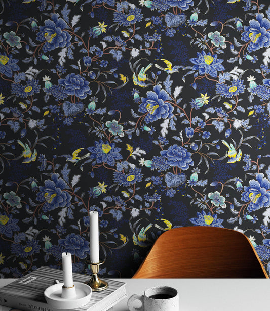 Blue and Black Color Flower Pattern Wall Mural. Tropical Botanical Floral Peel and Stick Wallpaper. #6437