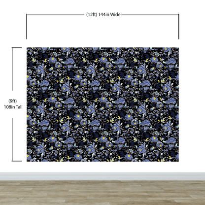 Blue and Black Color Flower Pattern Wall Mural. Tropical Botanical Floral Peel and Stick Wallpaper. #6437
