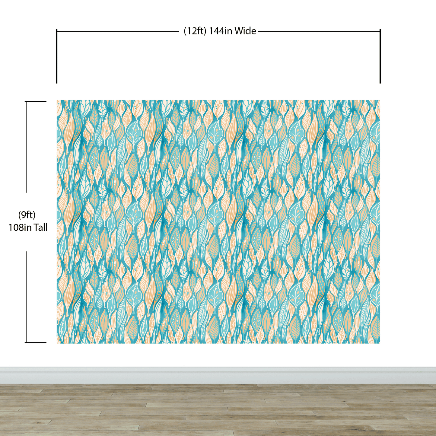 Teal Color Autumn Leaves Pattern Wall Mural. Retro Illustration Foliage Pattern. #6438