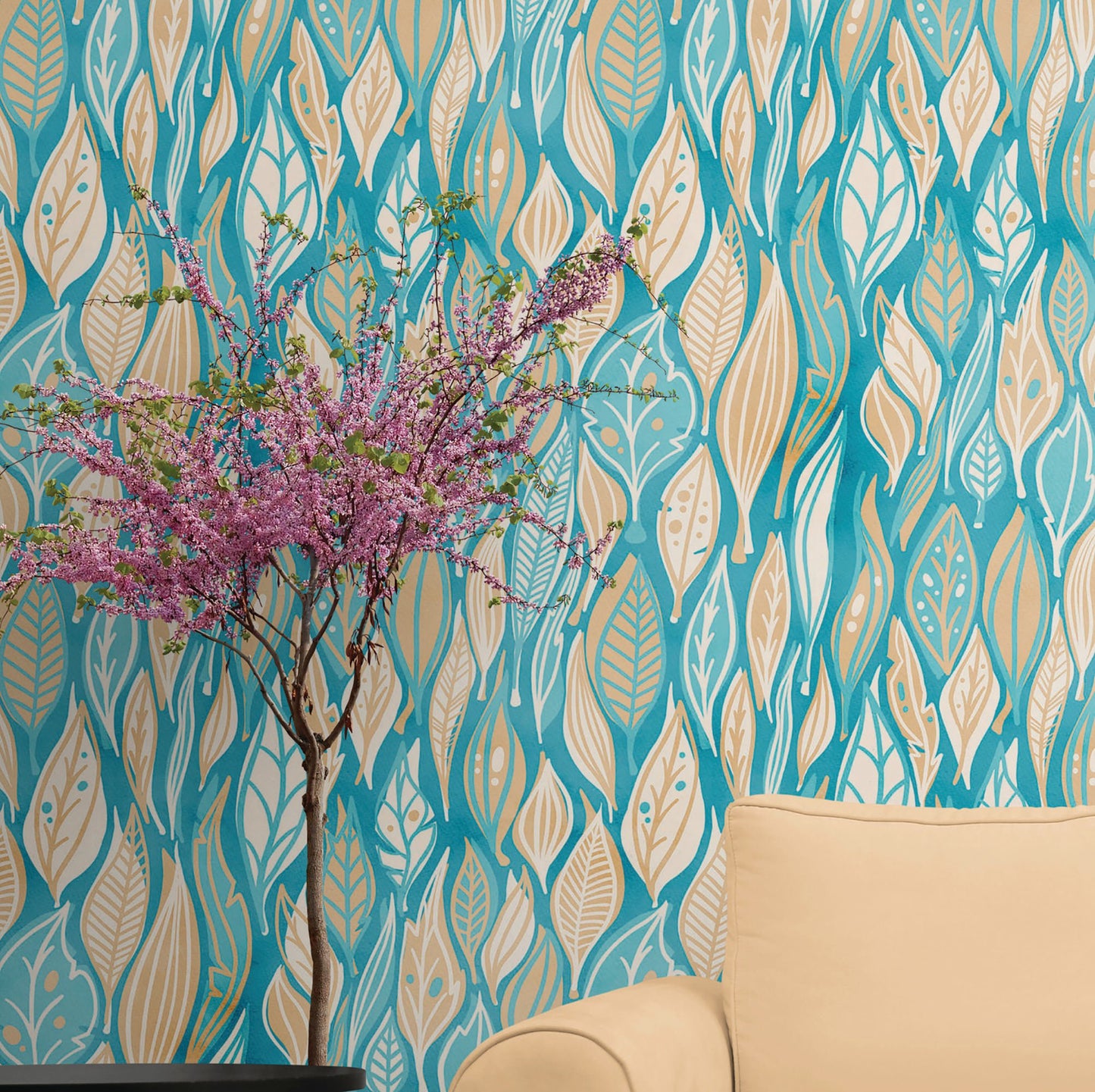 Teal Color Autumn Leaves Pattern Wall Mural. Retro Illustration Foliage Pattern. #6438