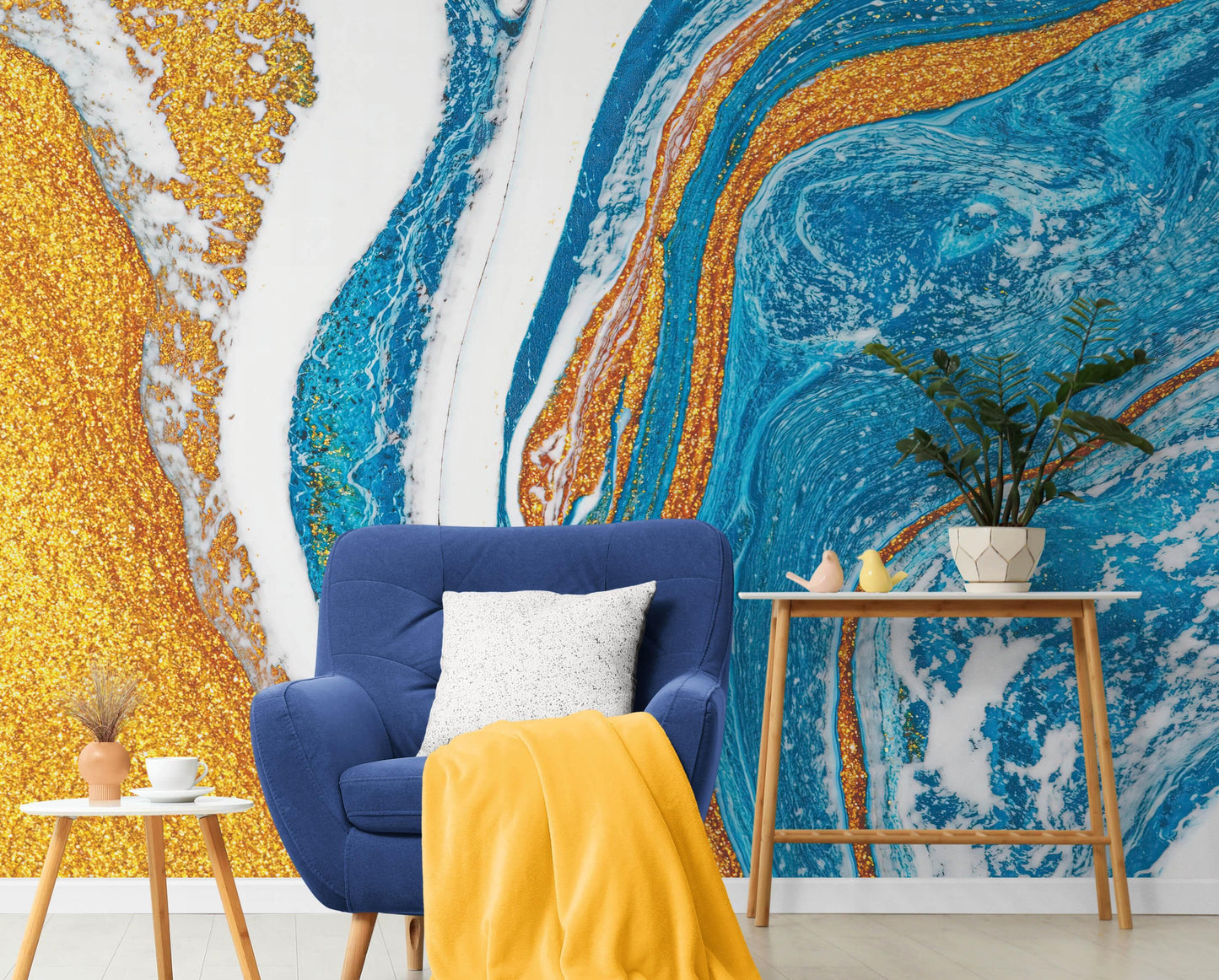 Abstract Bright Color Ink Splotch Pattern Wall Mural. Gold, White and Blue. #6439