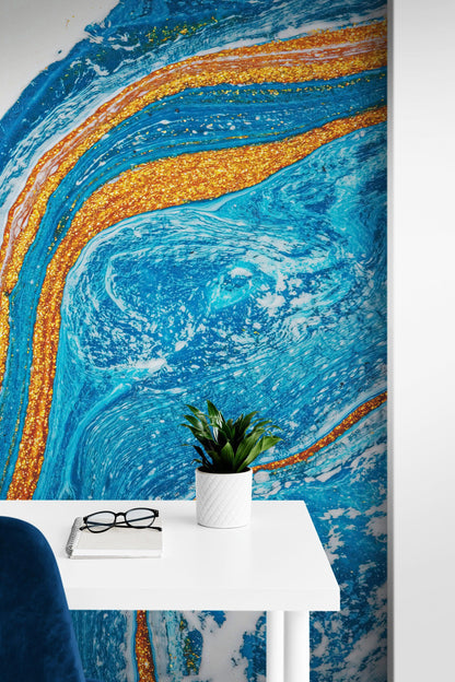 Abstract Bright Color Ink Splotch Pattern Wall Mural. Gold, White and Blue. #6439