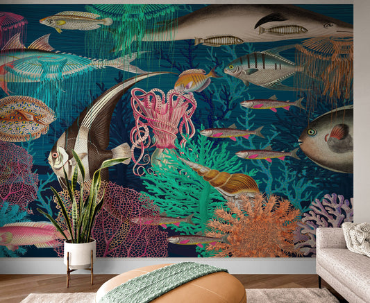 Vintage Retro Underwater Marine Sea Life Wall Mural. Beach / Nautical / Marine Life Theme Peel and Stick Wallpaper. #6442