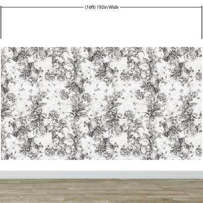 Vintage Flower Pattern Illustration Wall Mural. Black and White Peel and Stick Wallpaper. #6443