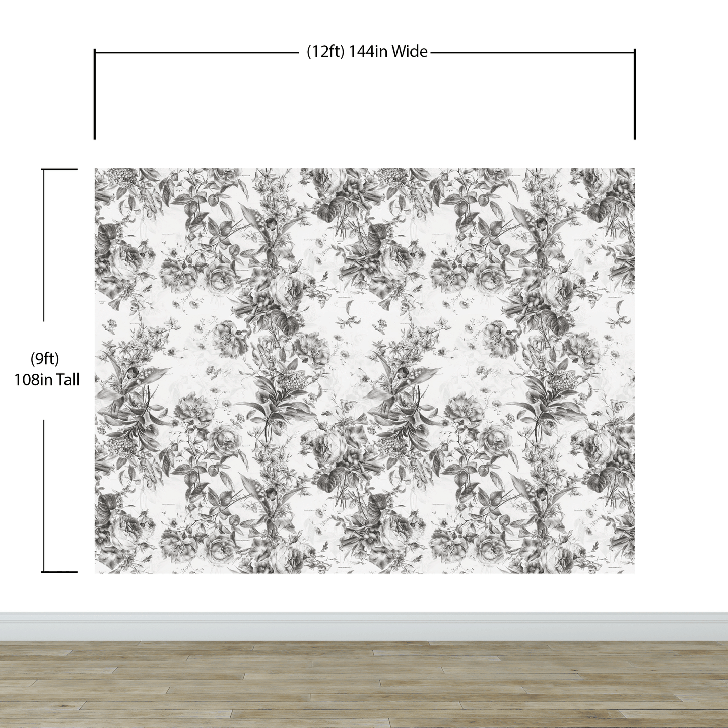 Vintage Flower Pattern Illustration Wall Mural. Black and White Peel and Stick Wallpaper. #6443