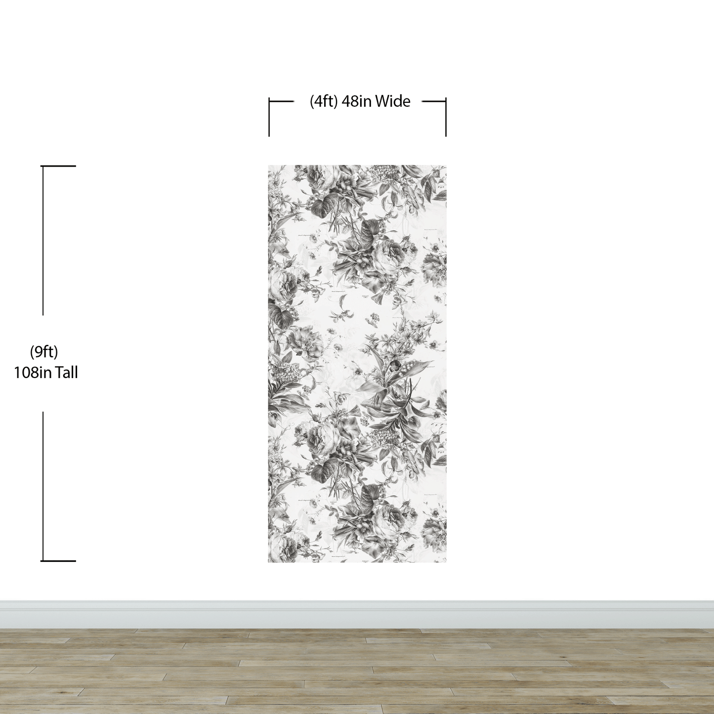 Vintage Flower Pattern Illustration Wall Mural. Black and White Peel and Stick Wallpaper. #6443