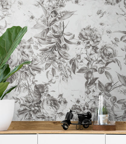 Vintage Flower Pattern Illustration Wall Mural. Black and White Peel and Stick Wallpaper. #6443