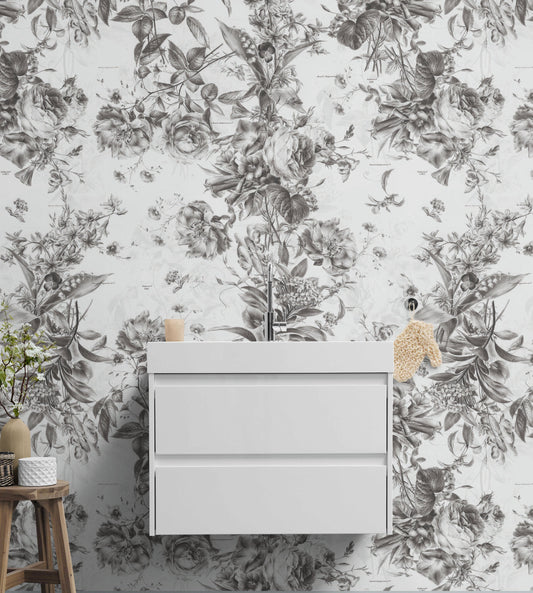 Vintage Flower Pattern Illustration Wall Mural. Black and White Peel and Stick Wallpaper. #6443