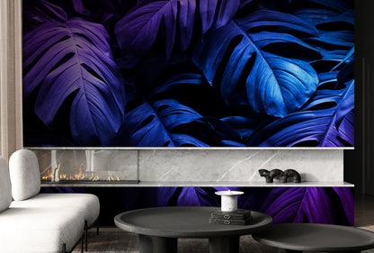 Tropical Wallpaper Blue and Purple Leaf Wall Mural on Dark Background #6445