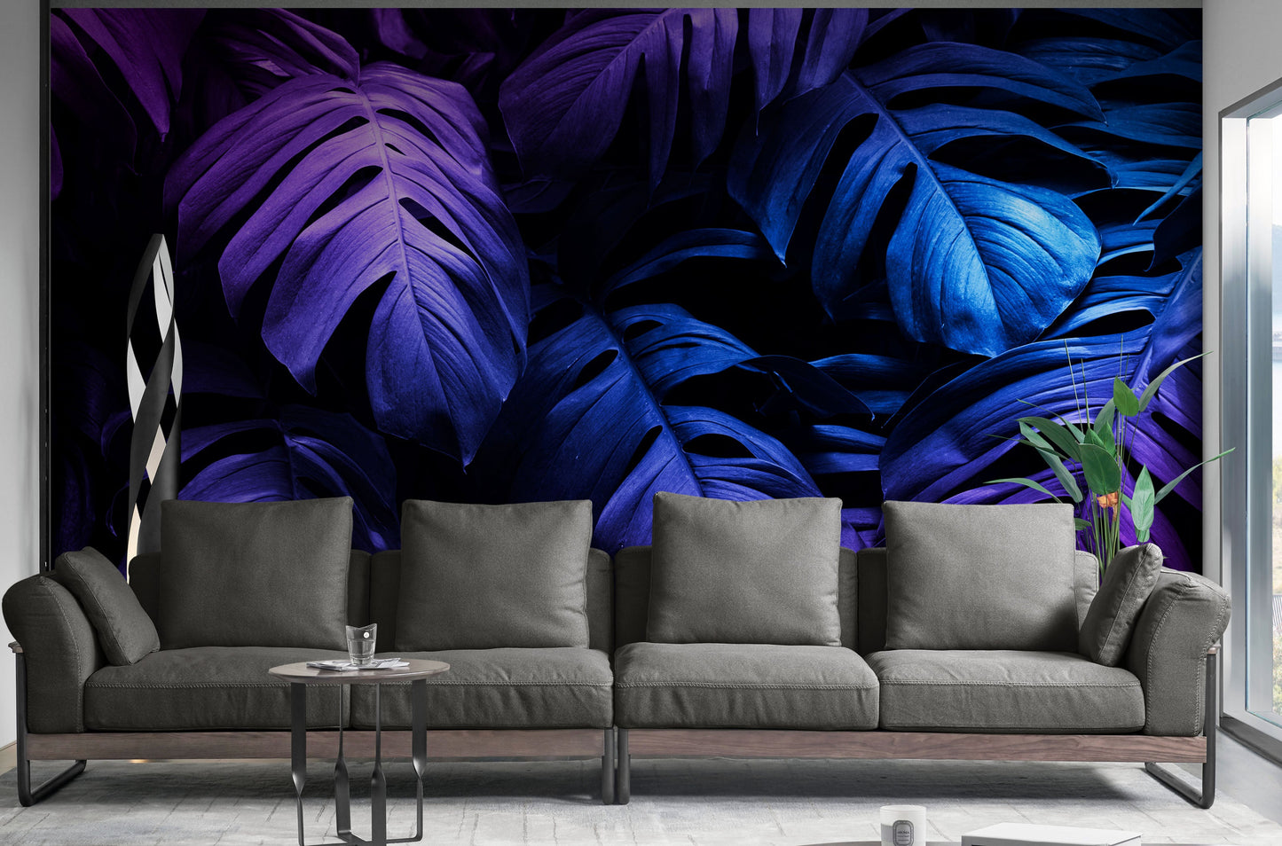 Tropical Wallpaper Blue and Purple Leaf Wall Mural on Dark Background #6445