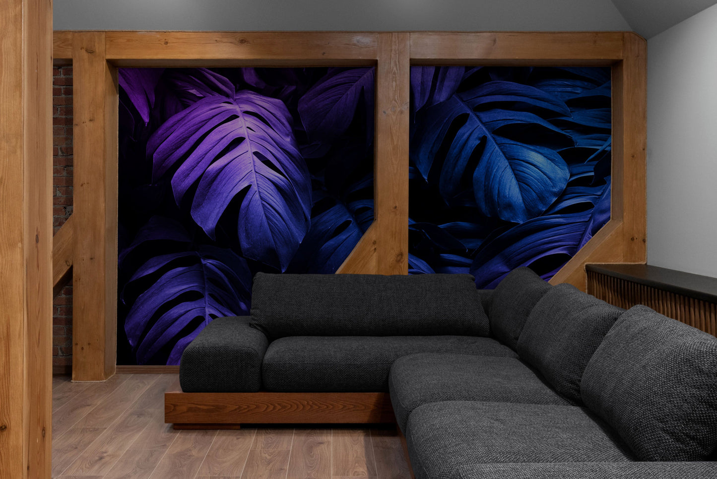 Tropical Wallpaper Blue and Purple Leaf Wall Mural on Dark Background #6445