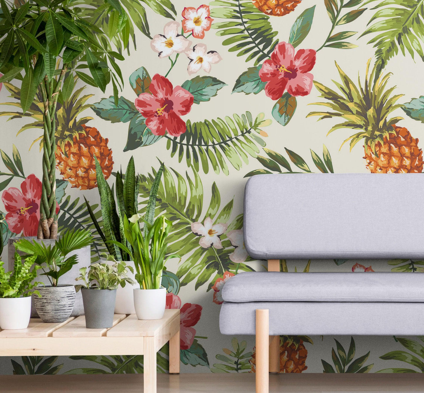 Pineapple Tropical Vibe Wall Mural. Hawaiian Theme Peel and Stick Wallpaper. Paradise Vibe Theme Decor. #6447