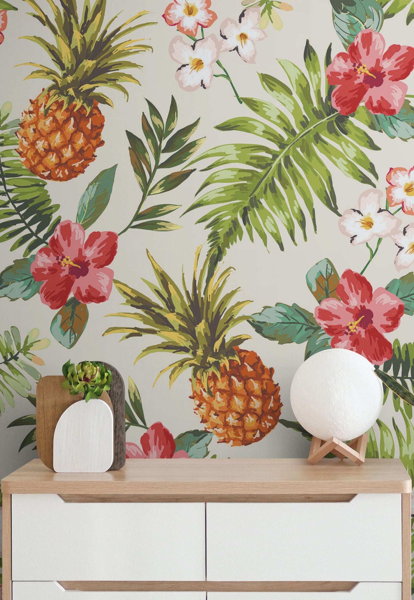 Pineapple Tropical Vibe Wall Mural. Hawaiian Theme Peel and Stick Wallpaper. Paradise Vibe Theme Decor. #6447